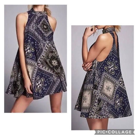 FREE PEOPLE Women’s Blue Black Bandana Print BEAUX Mock Neck Trapeze Dress Sz XS - Picture 1 of 13